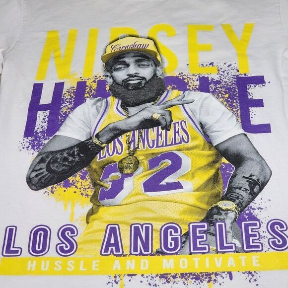 Nipsey Hussle Unisex Lakers Heavyweight Tee White Purple & Gold M TINY FLAWS - Picture 4 of 13